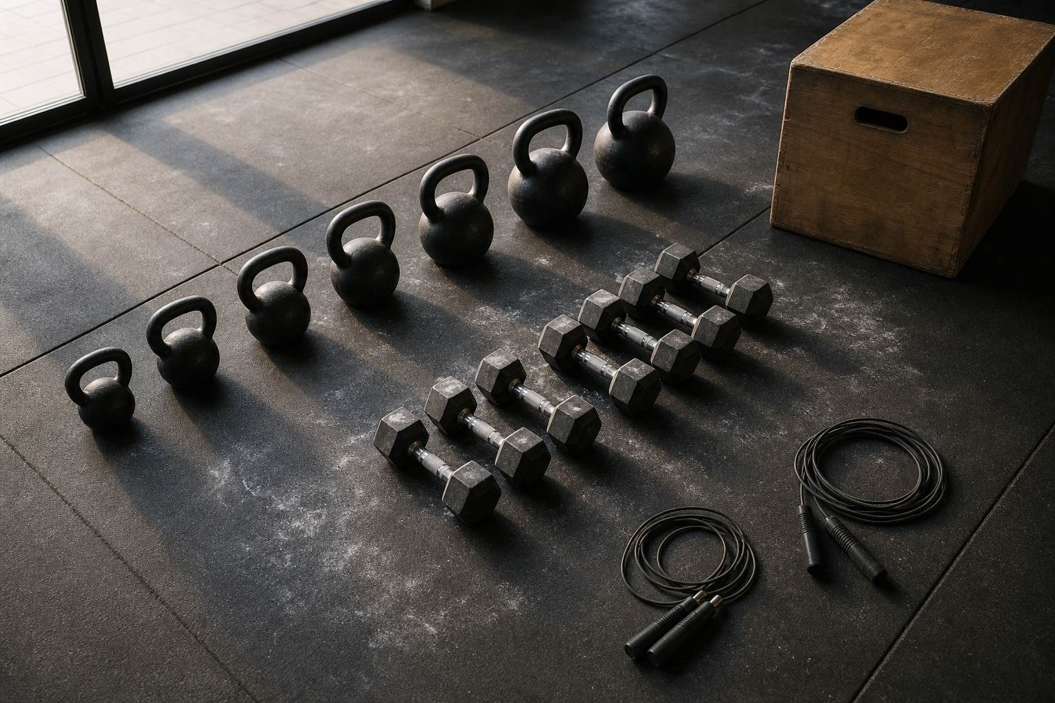 Kettlebells, dumbbells, a plyo box and jump ropes laid out in rows on the studio floor in morning light