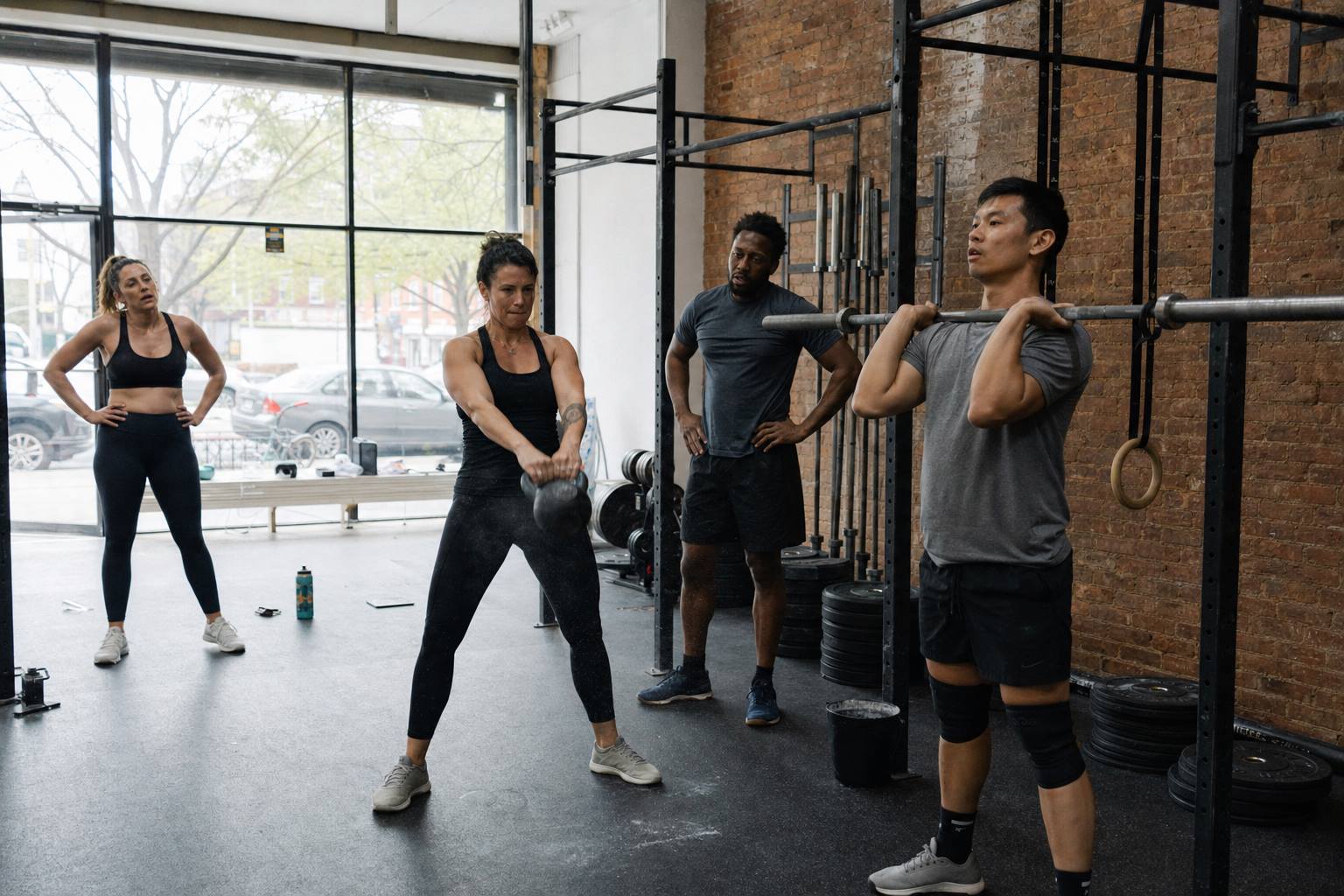 Four adults training with kettlebells and a barbell in a storefront gym while a coach watches the group